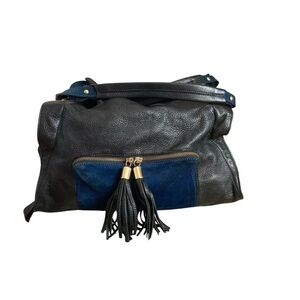 SANDRO | Black Pebbled Leather & Blue Suede Adel Satchel Bag OOS